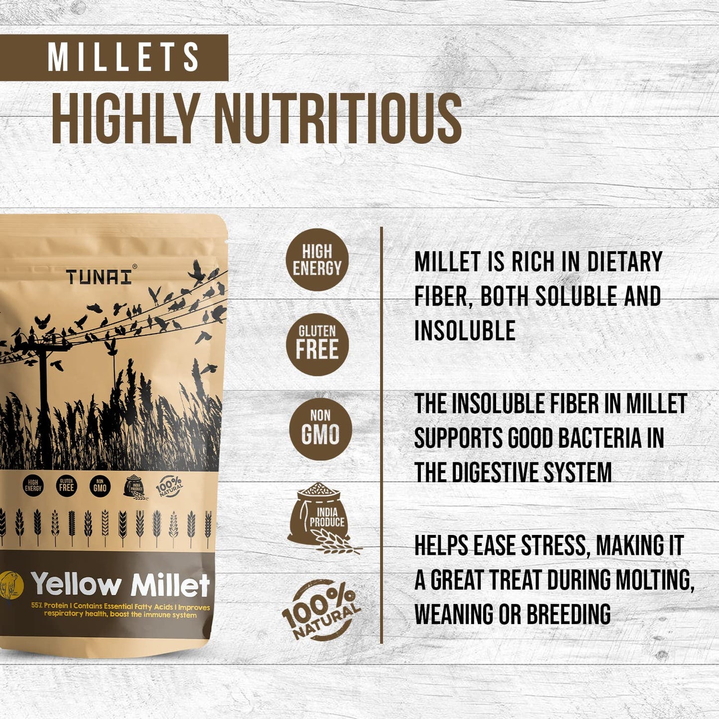 TUNAI Yellow Millets Bird Feed |450G|Essential Bird Food For Canaries, Finches, Budgies, Parakeets, Parrotlets, Conures, Eclectus, Senegals, Parrots, & Cockatiels, For All Life Stages