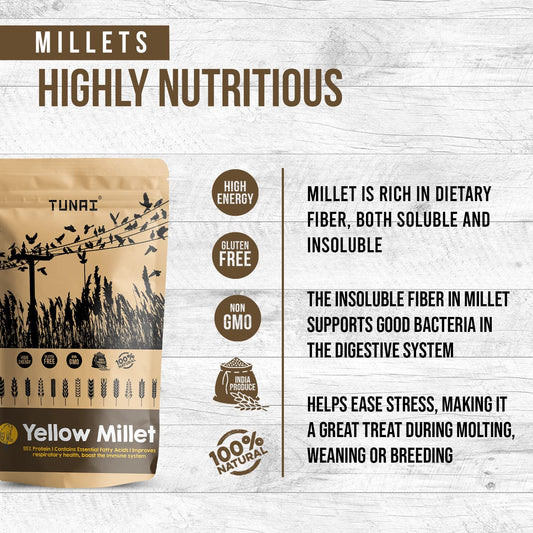 TUNAI Yellow Millets Bird Feed |450G|Essential Bird Food For Canaries, Finches, Budgies, Parakeets, Parrotlets, Conures, Eclectus, Senegals, Parrots, & Cockatiels, For All Life Stages