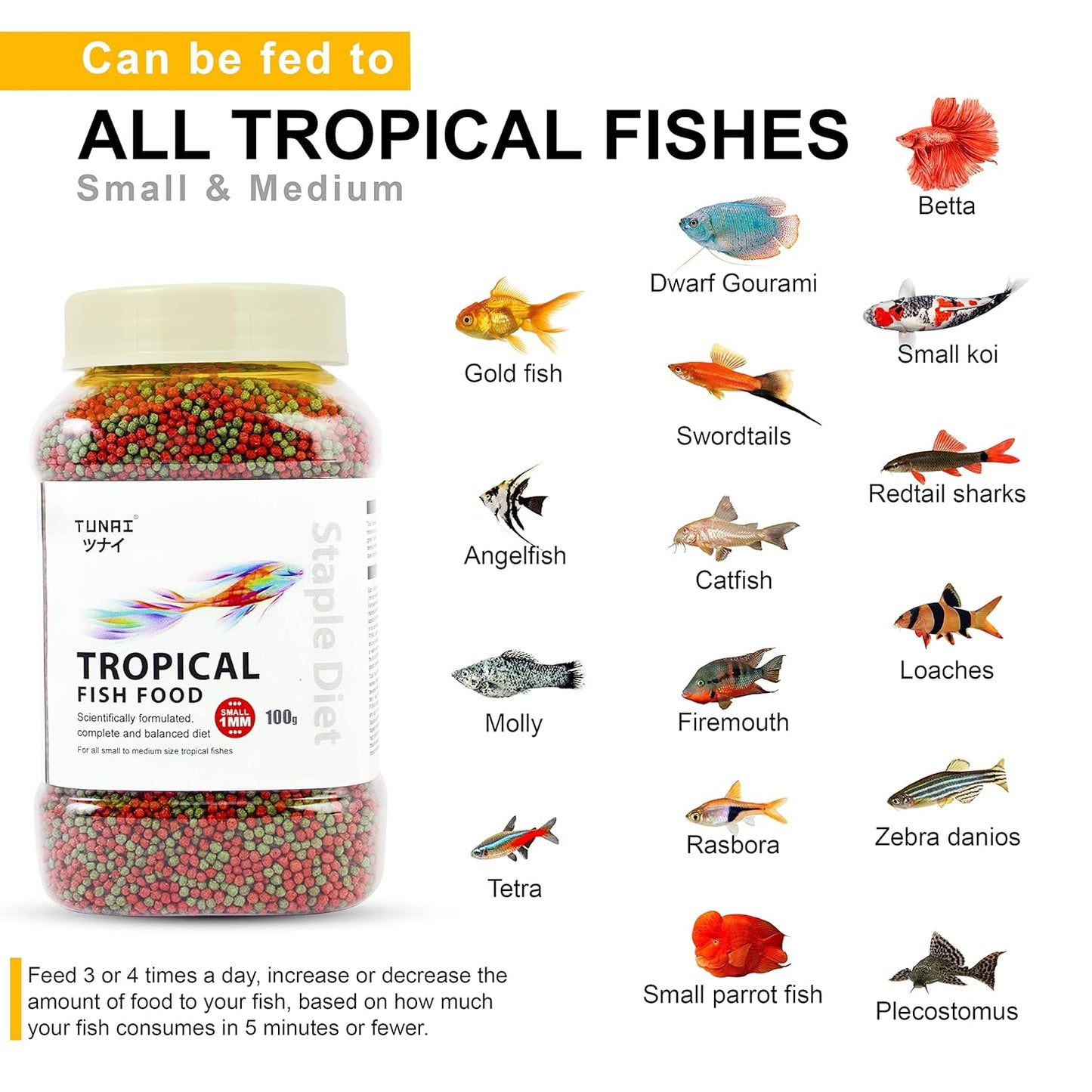 TUNAI Fish Food | 100g | with 26% Protein, 1.2 MM Pellets Aquarium Fish Food for All Adult Aged Small & Medium Tropical Fishes