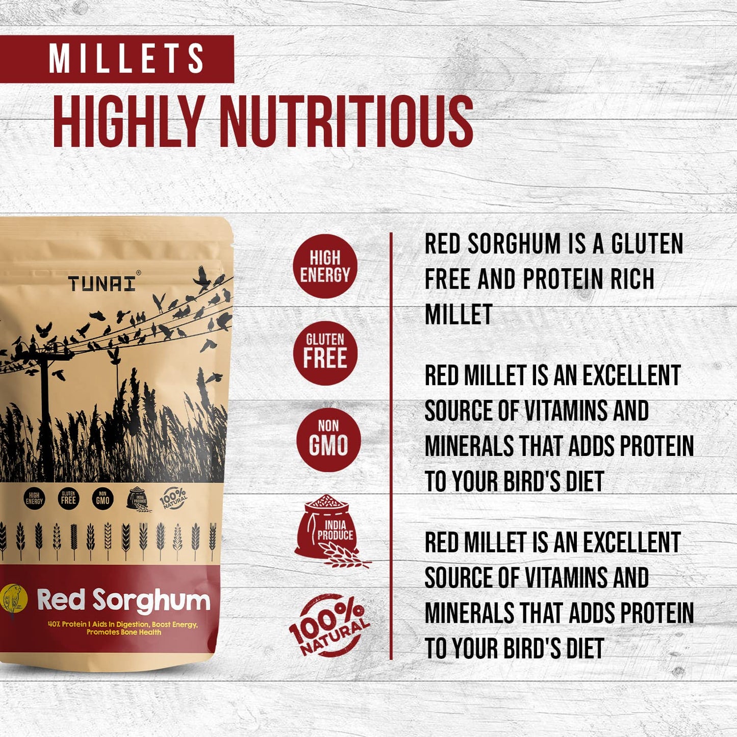 Tunai Red Sorghum Millets Bird Feed | 450g | Bird Food for Canaries, Finches, Budgies, Parakeets, Parrotlets, Conures, Eclectus, Senegals, Cockateils, & Parrots