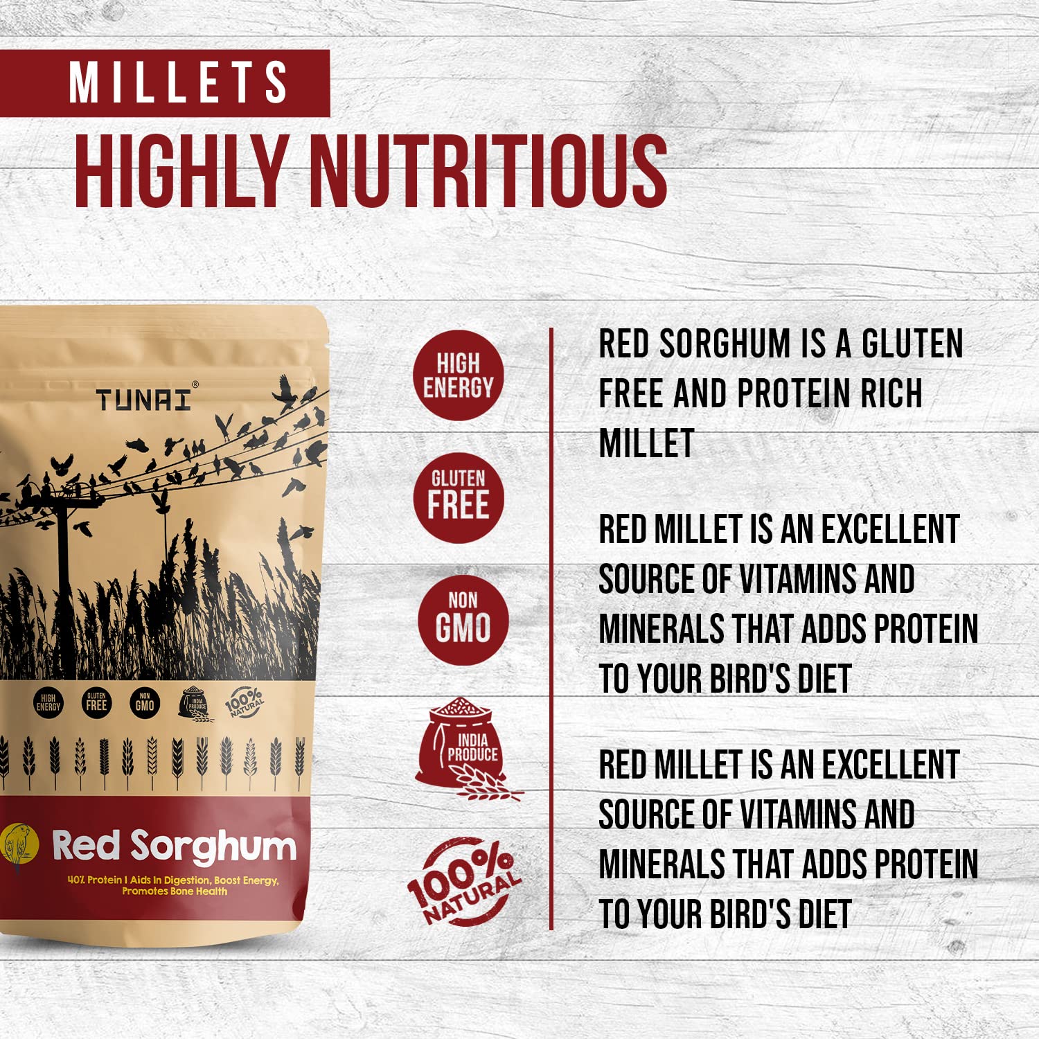 Tunai Red Sorghum Millets Bird Feed | 450g | Bird Food for Canaries, Finches, Budgies, Parakeets, Parrotlets, Conures, Eclectus, Senegals, Cockateils, & Parrots