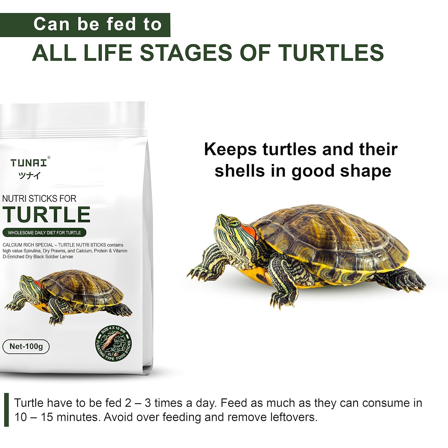 TUNAI 3In1 Adult Turtle Food & Tortoise Food Spirulina Added for Better Shell Health|100G| Contains Nutritious Pellets, Whole Shrimp and Bsfl Insect Larvae, 1 Count