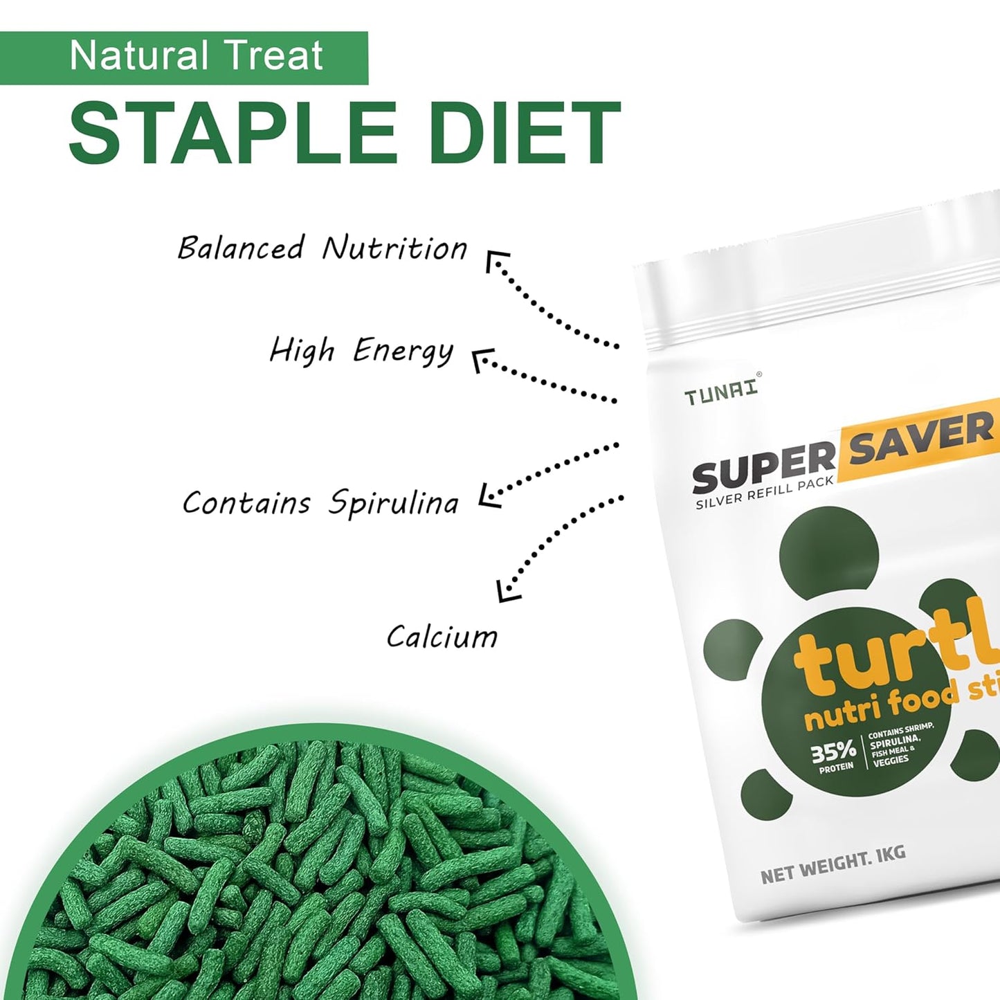 Tunai Super Saver Adult Turtle Food Spirulina Added for Good Shell Health & Daily Diet |1Kg| for Red-Eared, Musk, Mud, Cooter Turtle and Land Tortoise