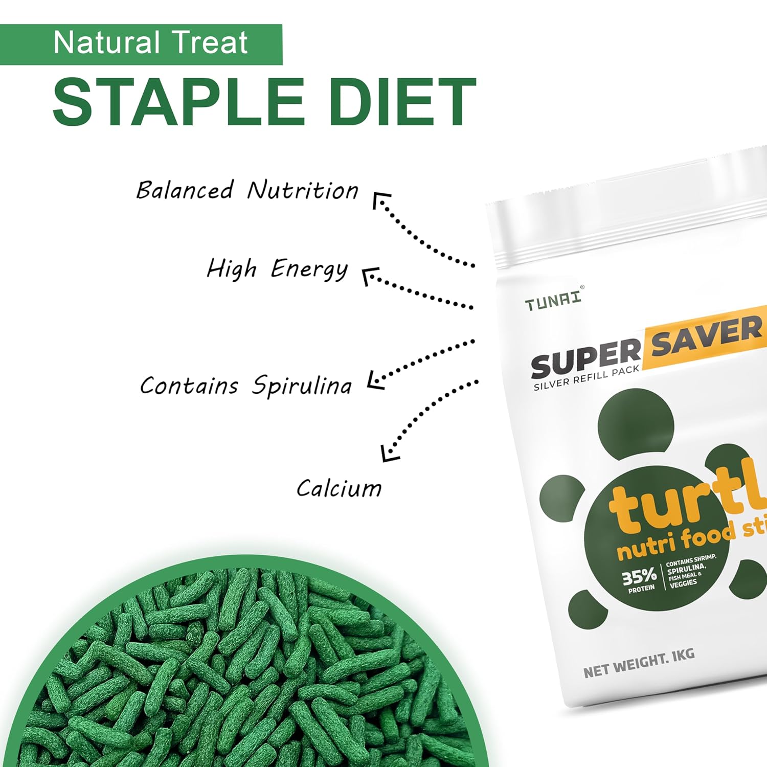 Tunai Super Saver Adult Turtle Food Spirulina Added for Good Shell Health & Daily Diet |1Kg| for Red-Eared, Musk, Mud, Cooter Turtle and Land Tortoise