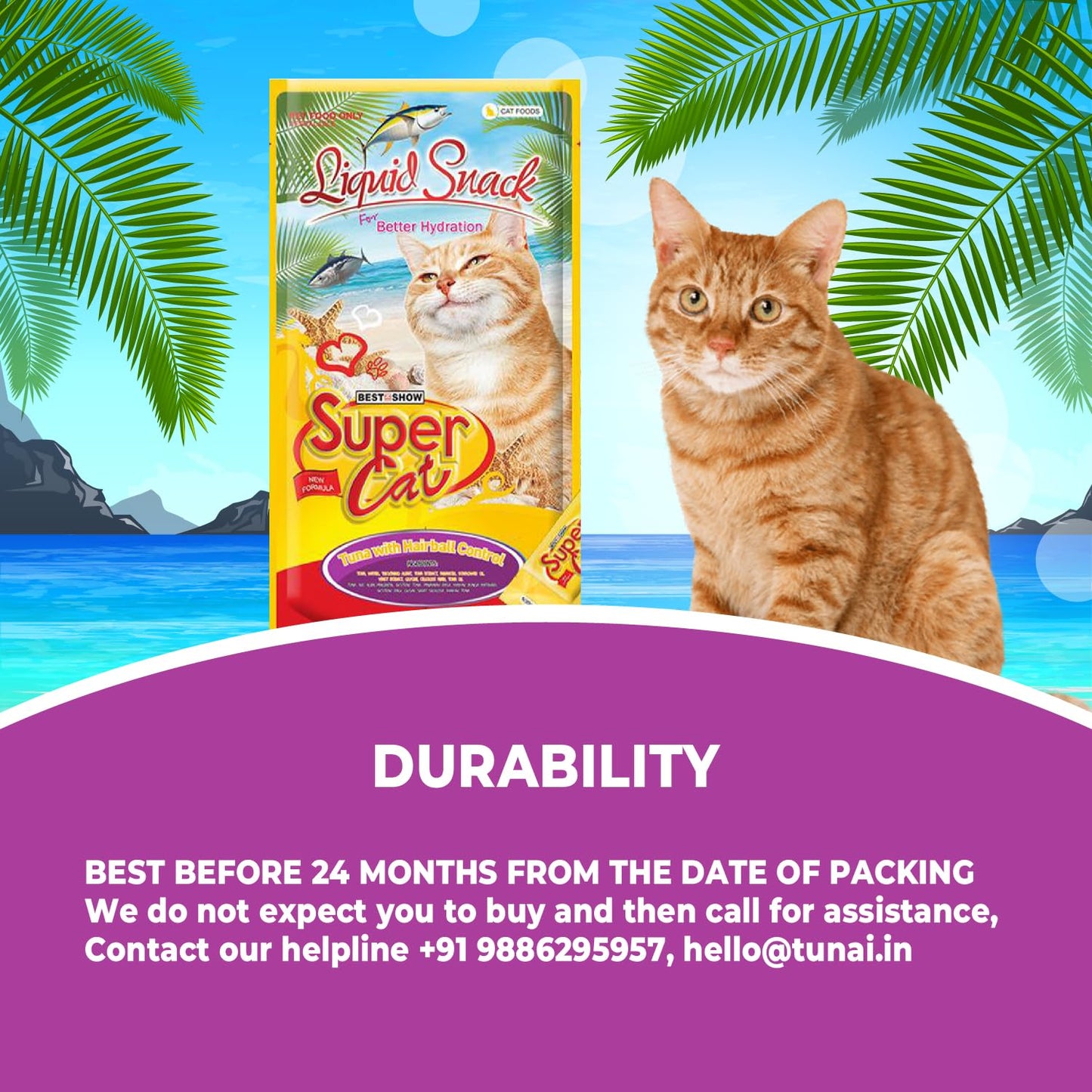 TUNAI SUPERCAT Summer Special Creamy Cat Treat | Liquid Snack for Cats | Wet Cat Treat & Puree Cat Food | Tuna with Hairball Control | Pack of 3 (Each Pack Contains 4 Sachets, 4x20g)