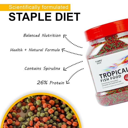 Tunai Tropical Fish Food for Aquarium with 26% Protein |1.2 mm Pellets, 250g|Perfect for Adult Small & Medium Fish