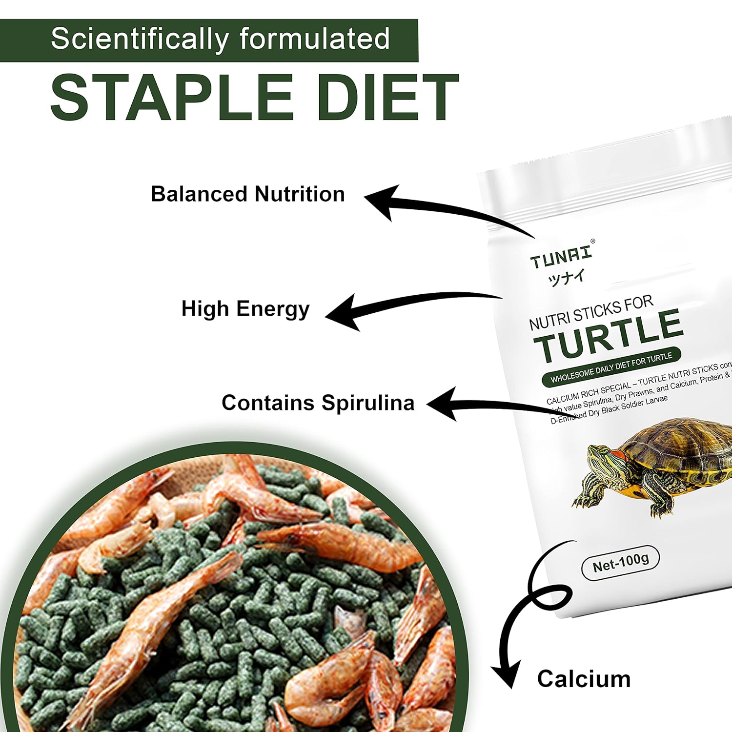 TUNAI 3In1 Adult Turtle Food & Tortoise Food Spirulina Added for Better Shell Health|100G| Contains Nutritious Pellets, Whole Shrimp and Bsfl Insect Larvae, 1 Count