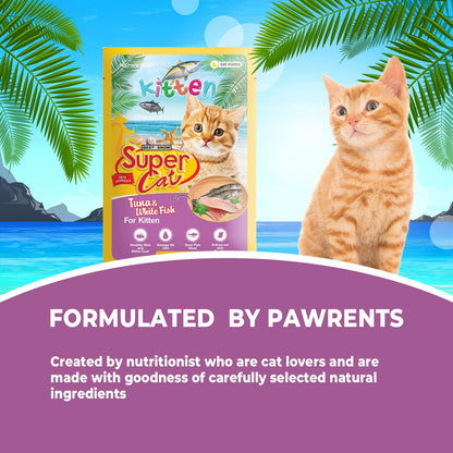 TUNAI SUPERCAT White Fish & Tuna Special Wet Gravy Daily Diet Food For Kittens (PACK OF 12X80g) With the goodness of Protein Fat Rich Sardines, White Fish, Tuna And Taurine, Supports Healthy Skin Coat