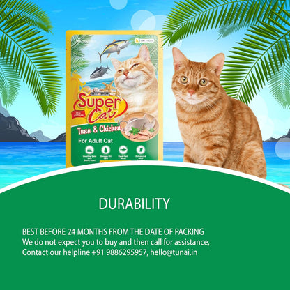 TUNAI SUPERCAT Tuna & Chicken Wet Gravy Daily Diet Food for Adult CAT (Pack of 12X80g) with The Goodness of Protein & Fat Rich Tuna, Chicken & Taurine, Supports Healthy Skin Coat