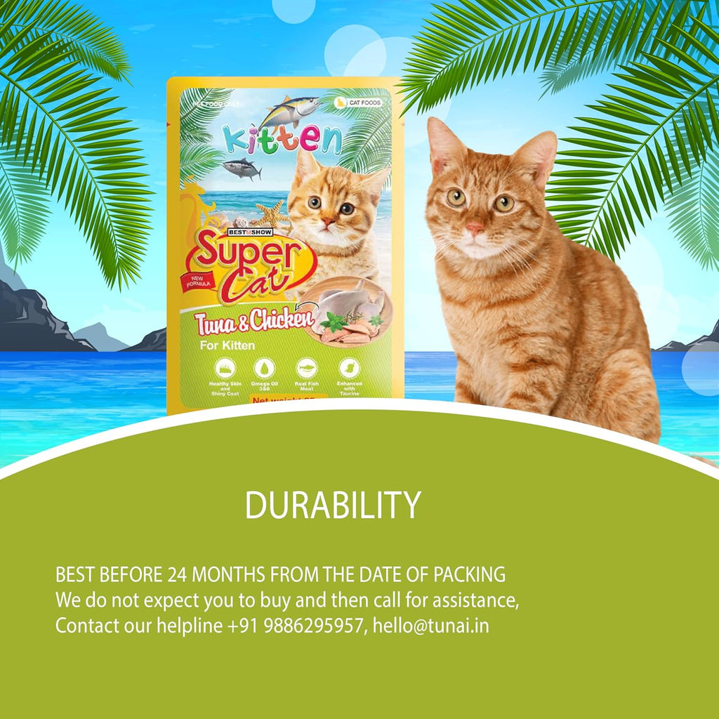 TUNAI SUPERCAT Tuna & Chicken Special Wet Gravy Daily Diet Food for Kittens (12X80g) with The Goodness of Protein, Tuna, Chicken &Taurine, Supports Healthy Skin Coat and Boost Instant Energy