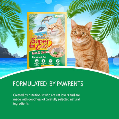 TUNAI SUPERCAT Tuna & Chicken Wet Gravy Daily Diet Food for Adult CAT (Pack of 12X80g) with The Goodness of Protein & Fat Rich Tuna, Chicken & Taurine, Supports Healthy Skin Coat