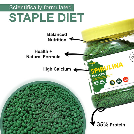 TUNAI 31% Spirulina Optimum Choice Fish Food |250G| Fish Feed for All Medium & Adult Tropical Fish |1Mm Pellets|, Better Color & Growth, 1 Count