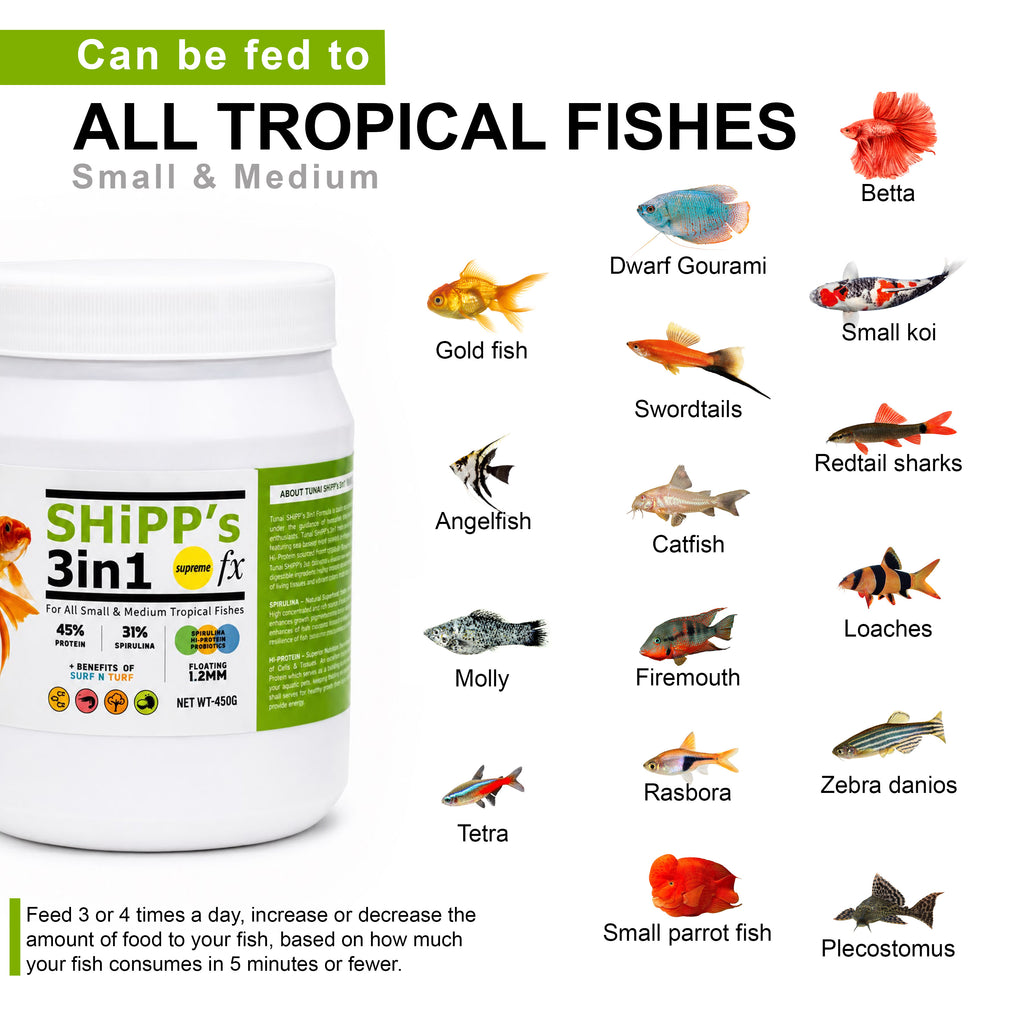 Tunai SHiPP's 3-in-1 Fish Food - 45% Protein - 31% Spirulina (For All Small and Medium Tropical Fishes)