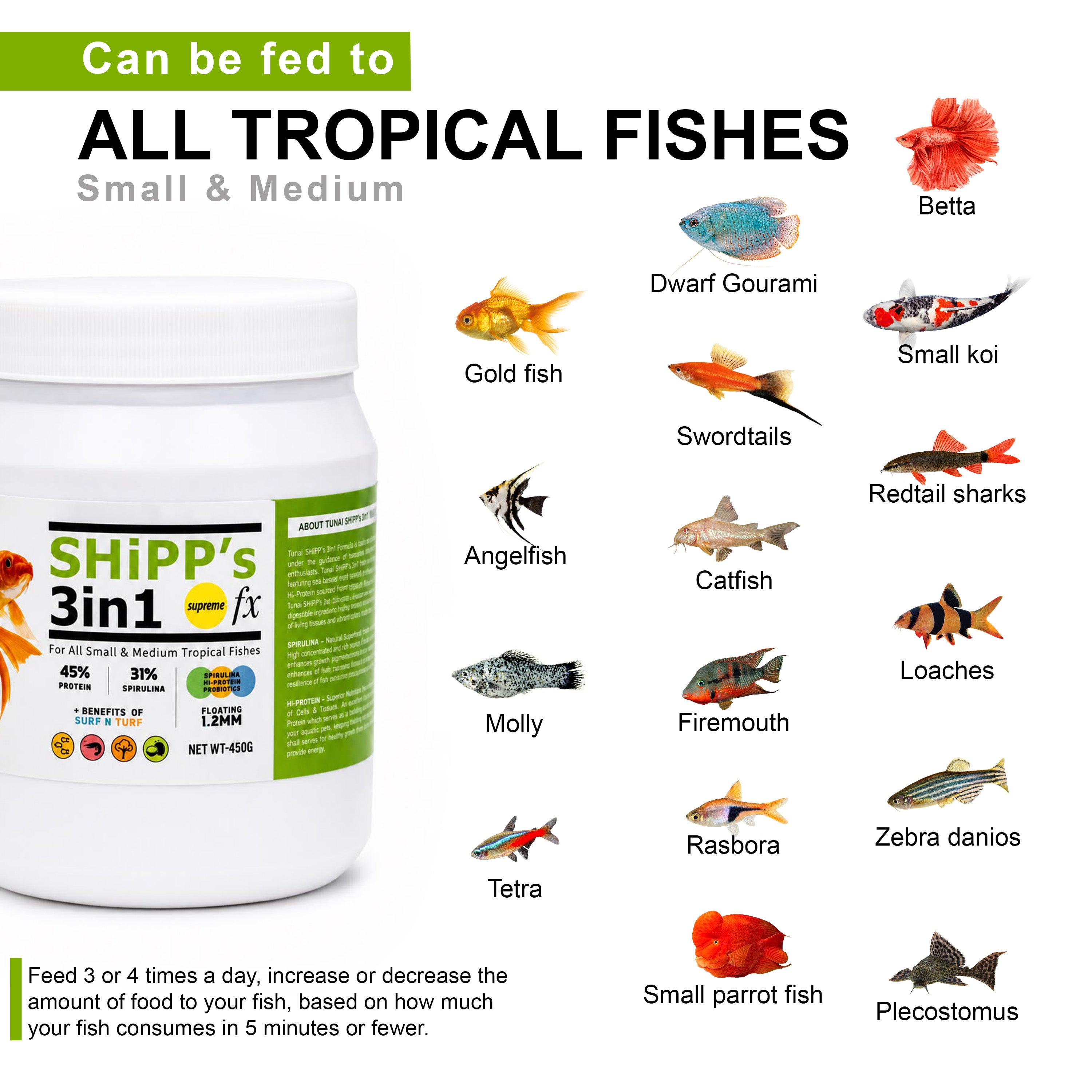 Tunai SHiPP's 3-in-1 Fish Food - 45% Protein - 31% Spirulina (For All Small and Medium Tropical Fishes)