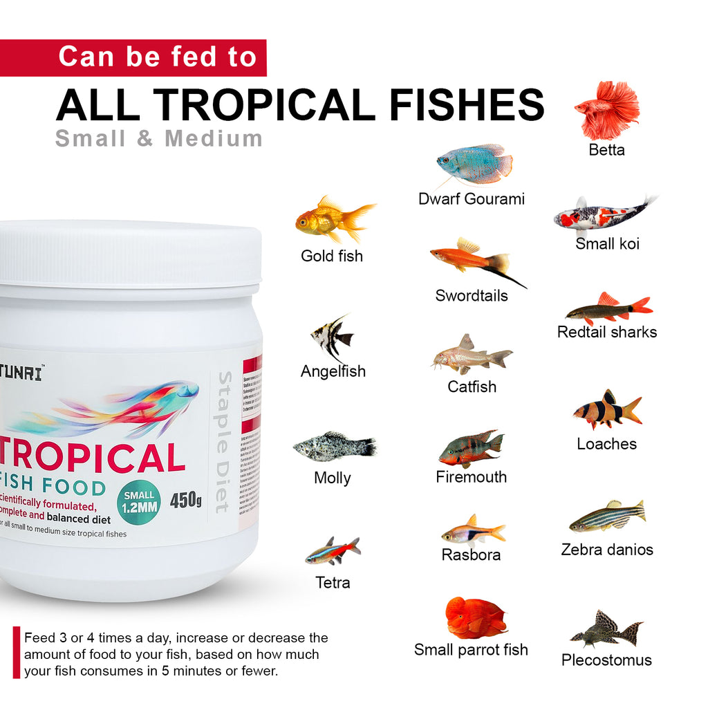 Tunai Tropical Aquarium Fish Food - 26% Protein - 1.2mm Pellets (Perfect for Small, Medium & Adult Fish)