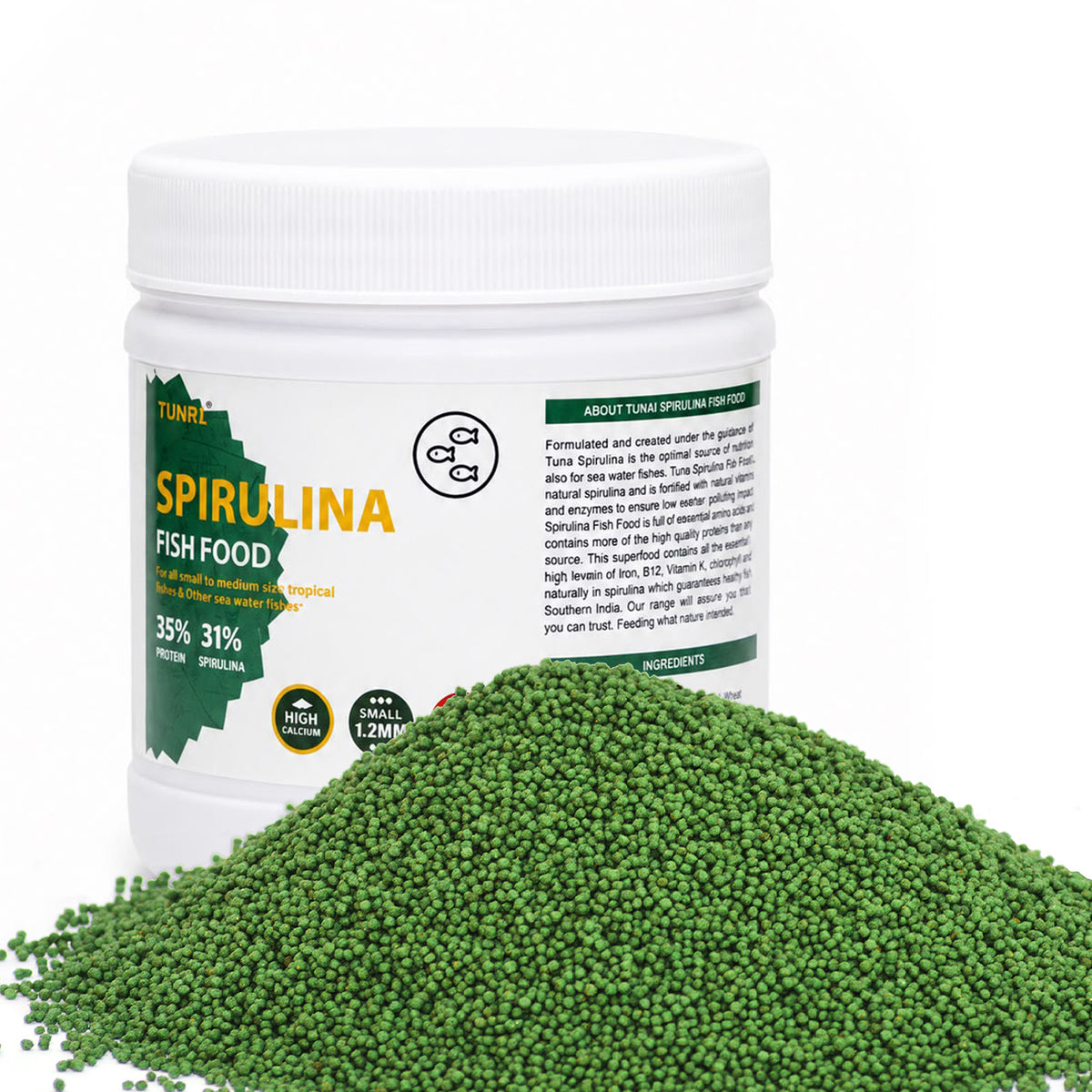 Tunai Spirulina Aquarium Fish Food - 35% Protein – 1.2mm Pellets (For all Small & Medium Size Tropical Fishes)