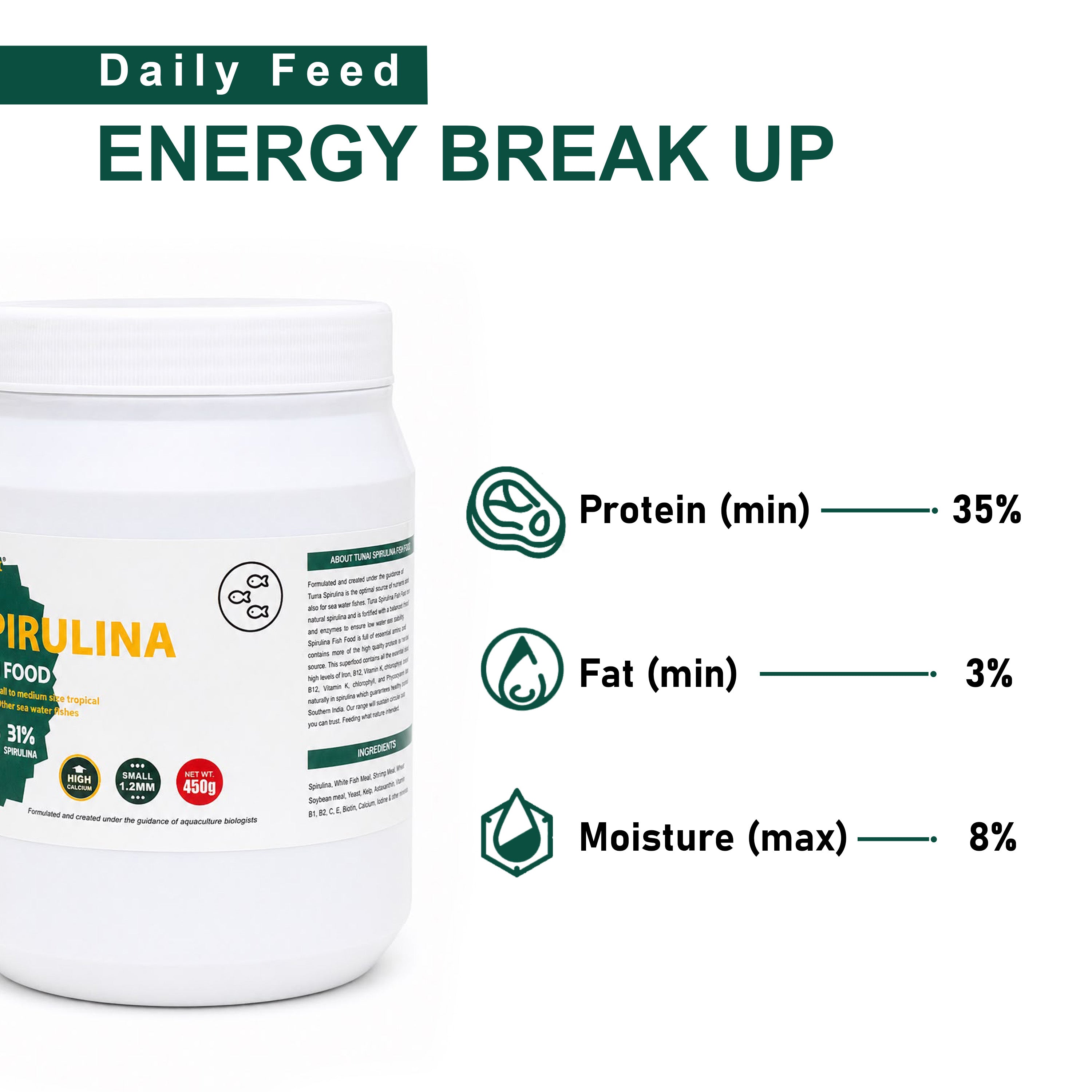Tunai Spirulina Aquarium Fish Food - 35% Protein – 1.2mm Pellets (For all Small & Medium Size Tropical Fishes)