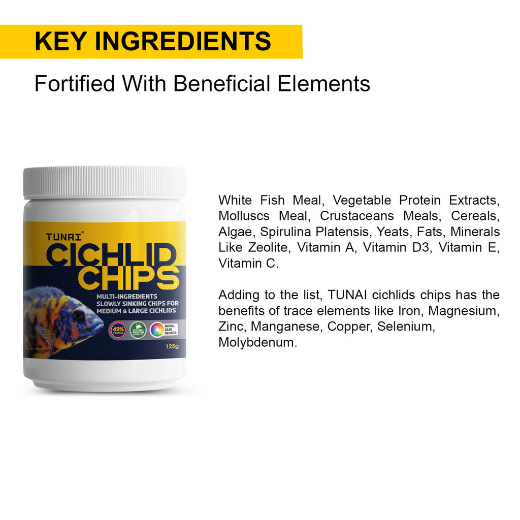 Tunai Multi-Ingredient Sinking Chips food for Cichlids - 49% Protein (Specially Formulated Fish Food for All Carnivores Fish Types)