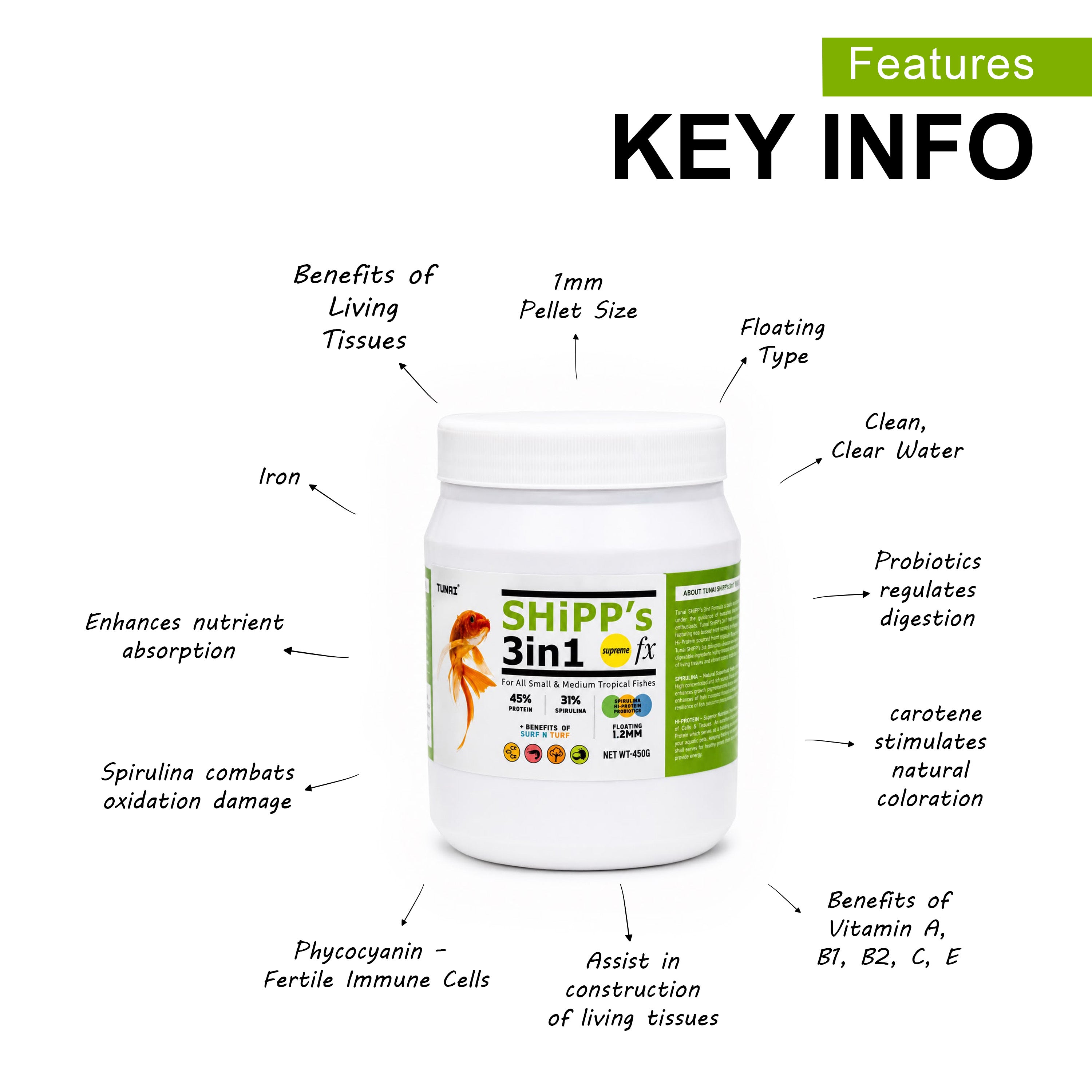 Tunai SHiPP's 3-in-1 Fish Food - 45% Protein - 31% Spirulina (For All Small and Medium Tropical Fishes)