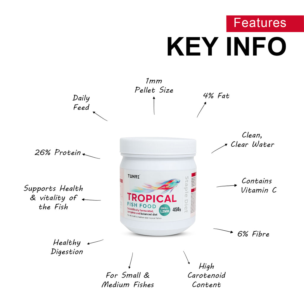 Tunai Tropical Aquarium Fish Food - 26% Protein - 1.2mm Pellets (Perfect for Small, Medium & Adult Fish)