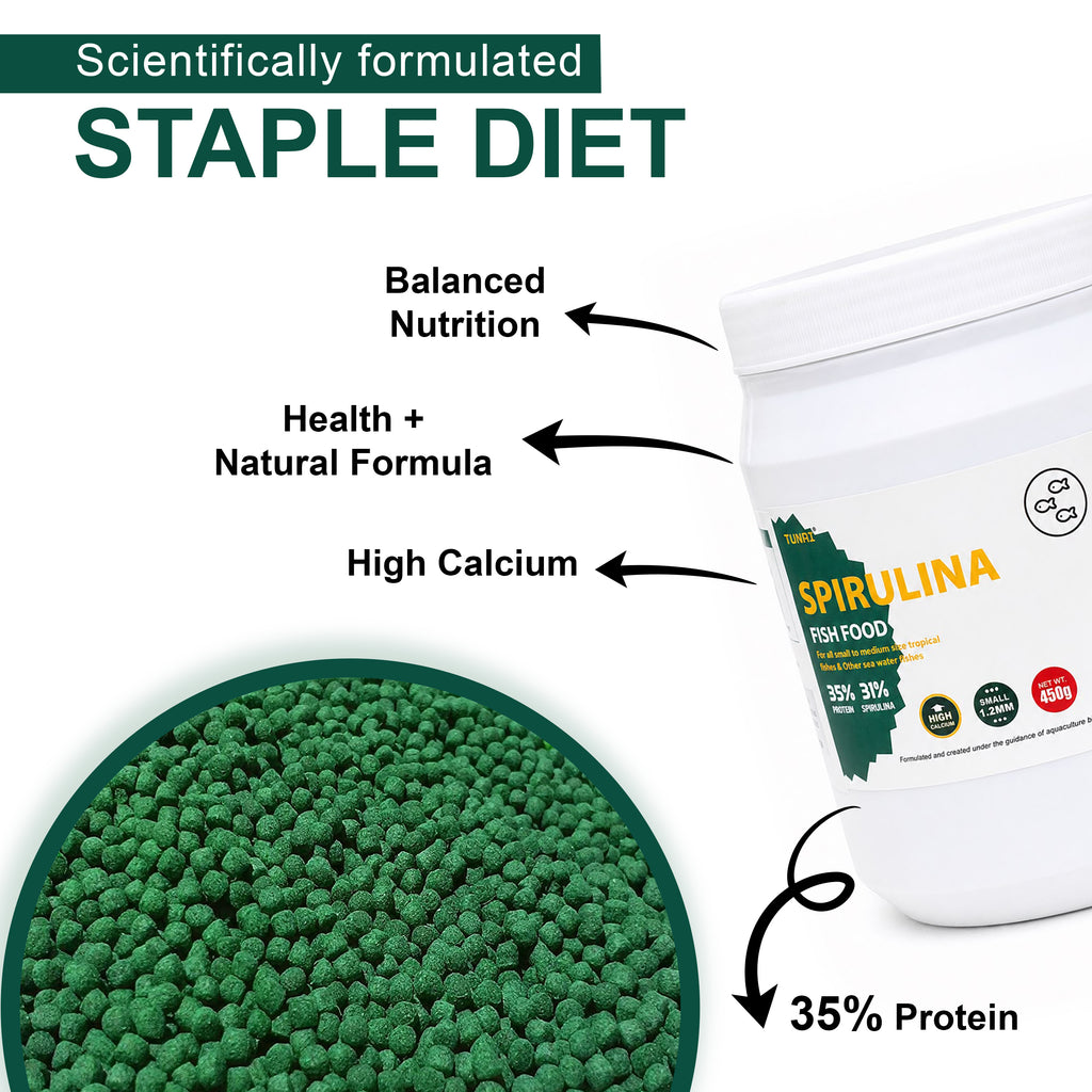 Tunai Spirulina Aquarium Fish Food - 35% Protein – 1.2mm Pellets (For all Small & Medium Size Tropical Fishes)