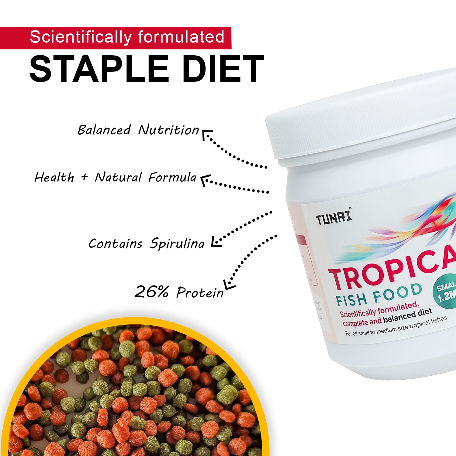 Tunai Tropical Aquarium Fish Food - 26% Protein - 1.2mm Pellets (Perfect for Small, Medium & Adult Fish)