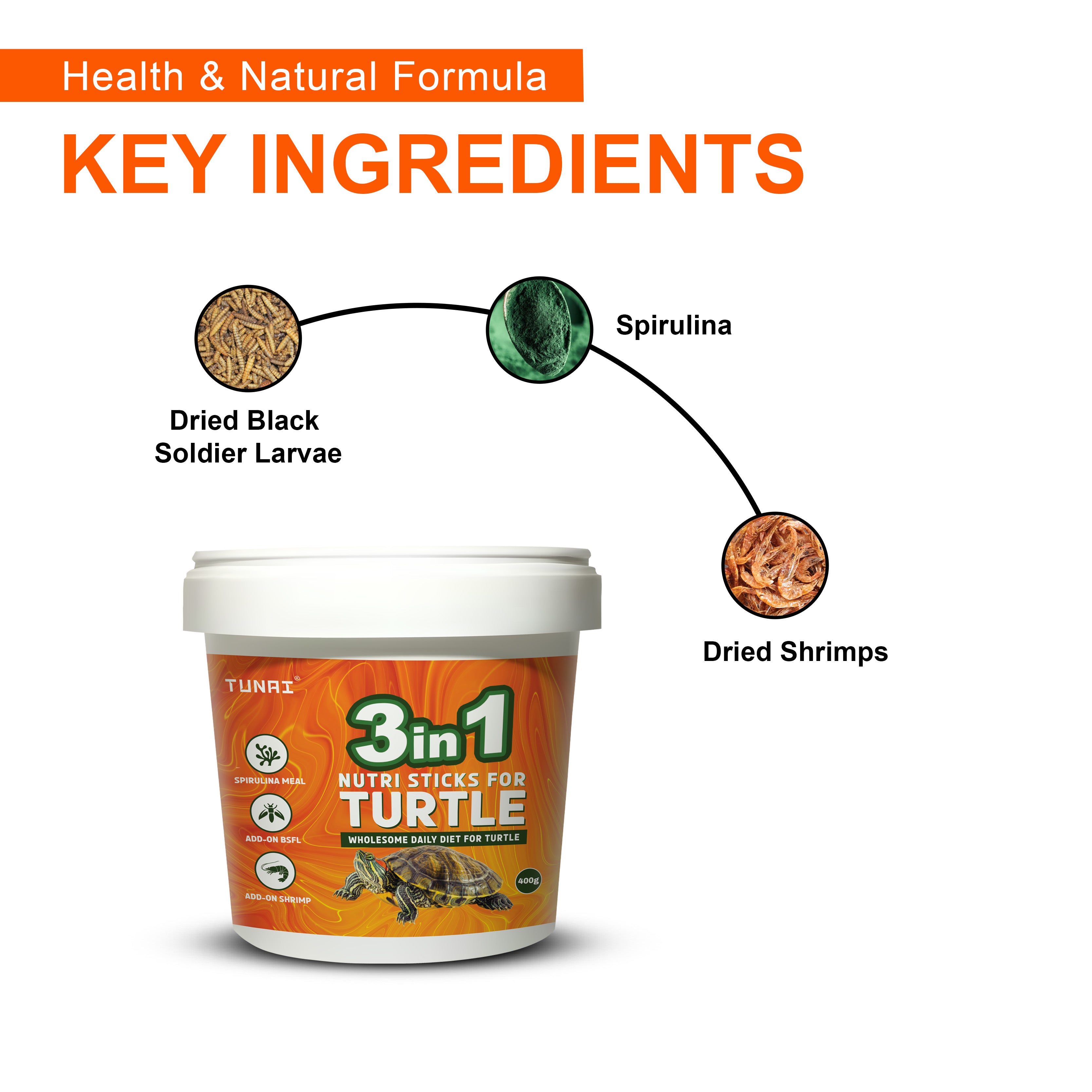 Tunai 3in1 Adult Turtle Food Nutri Sticks Food |400g| with Spirulina, Whole Shrimp and BSFL Worms
