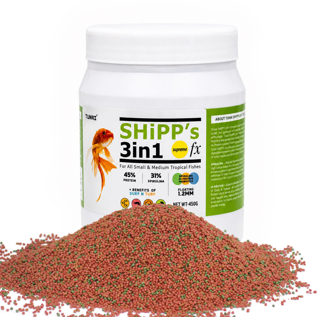 Tunai SHiPP's 3-in-1 Fish Food - 45% Protein - 31% Spirulina (For All Small and Medium Tropical Fishes)
