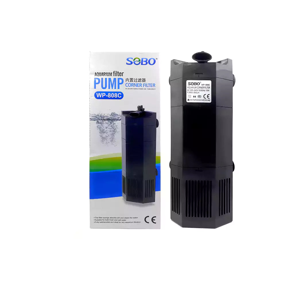 S0B0 WP-808C Internal Corner Filter for Aquarium Fish Tank | for Fresh and Salt Water | Fully Submersible | Absorbs Dirt & Clears The Water | Power: 15W | F.Max: 800L/H
