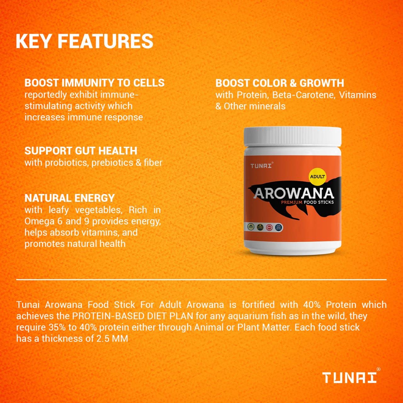 Tunai Adult Arowana Fish Food Sticks - 40% Protein - 2.5mm Pellets (A Perfect Diet Plan with Plant & Animal Matter)