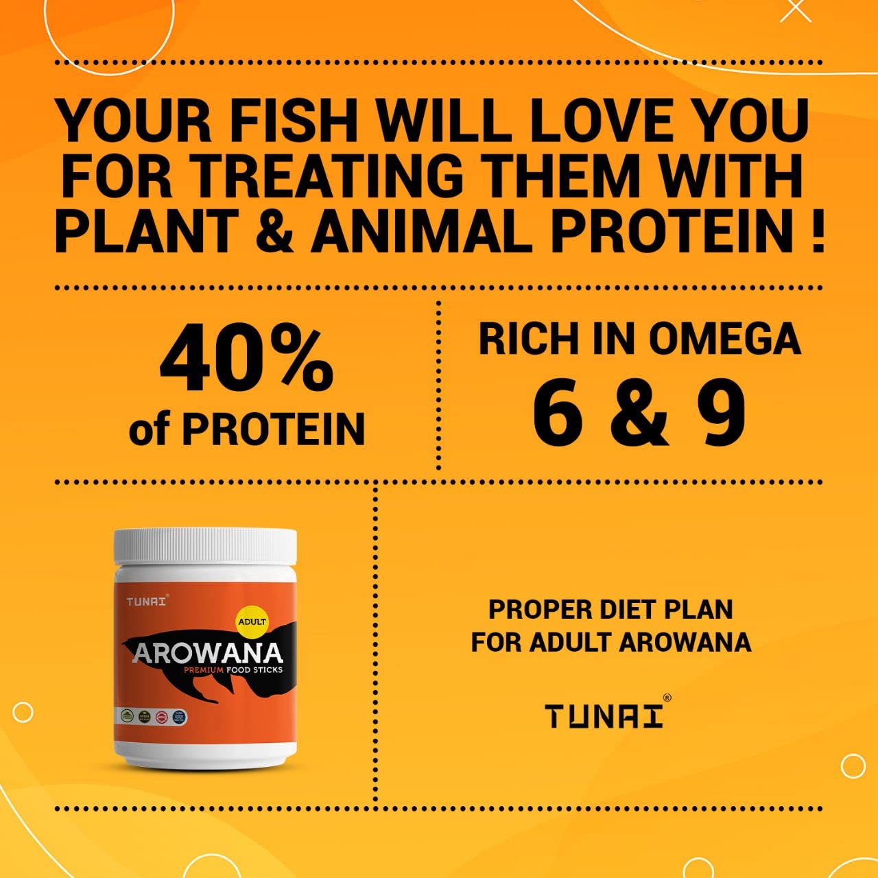 Tunai Adult Arowana Fish Food Sticks - 40% Protein - 2.5mm Pellets (A Perfect Diet Plan with Plant & Animal Matter)