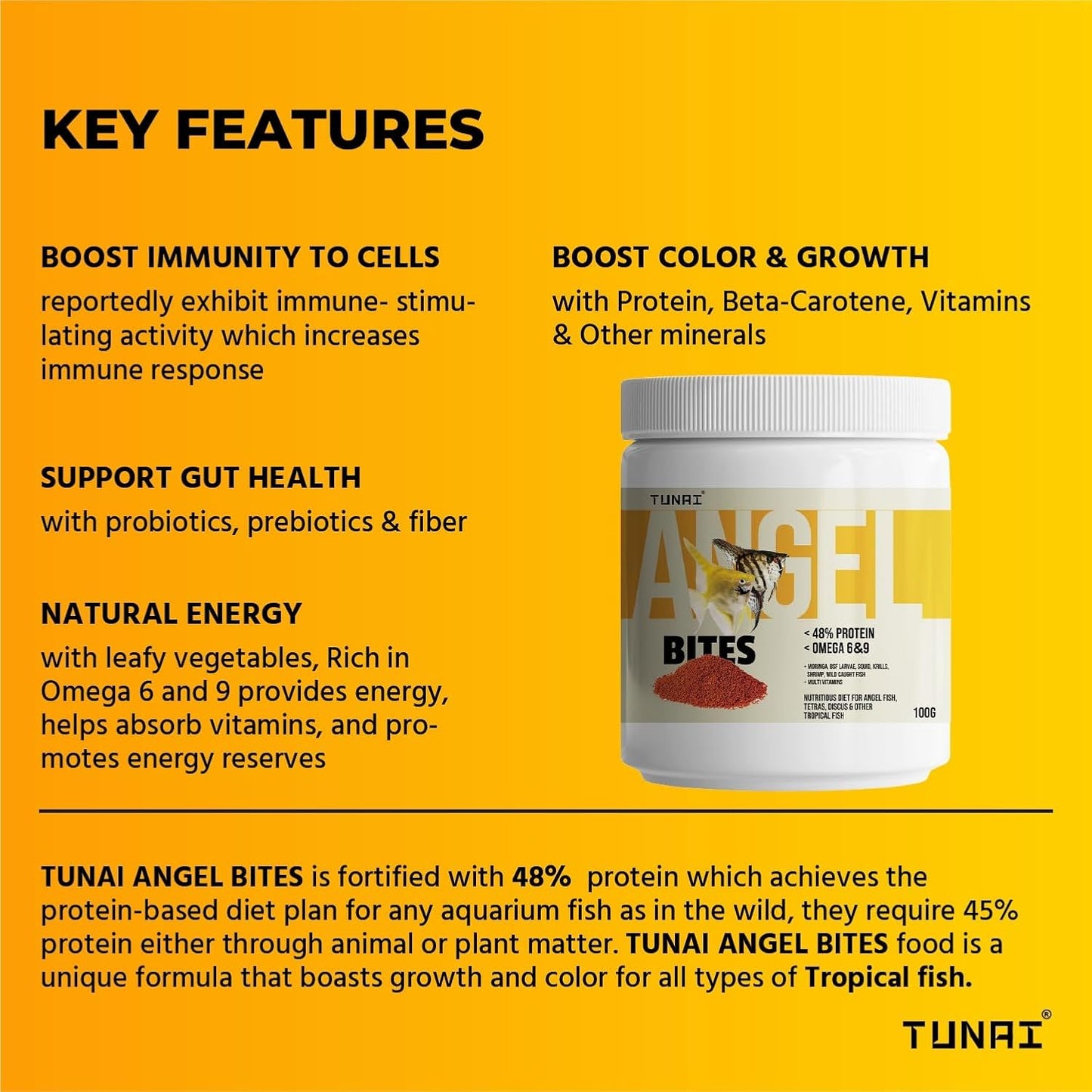 Tunai Angel Tetra Bites Fish Food - 48% Protein Granules (Ideal for Angelfish, Tetras & Discus)