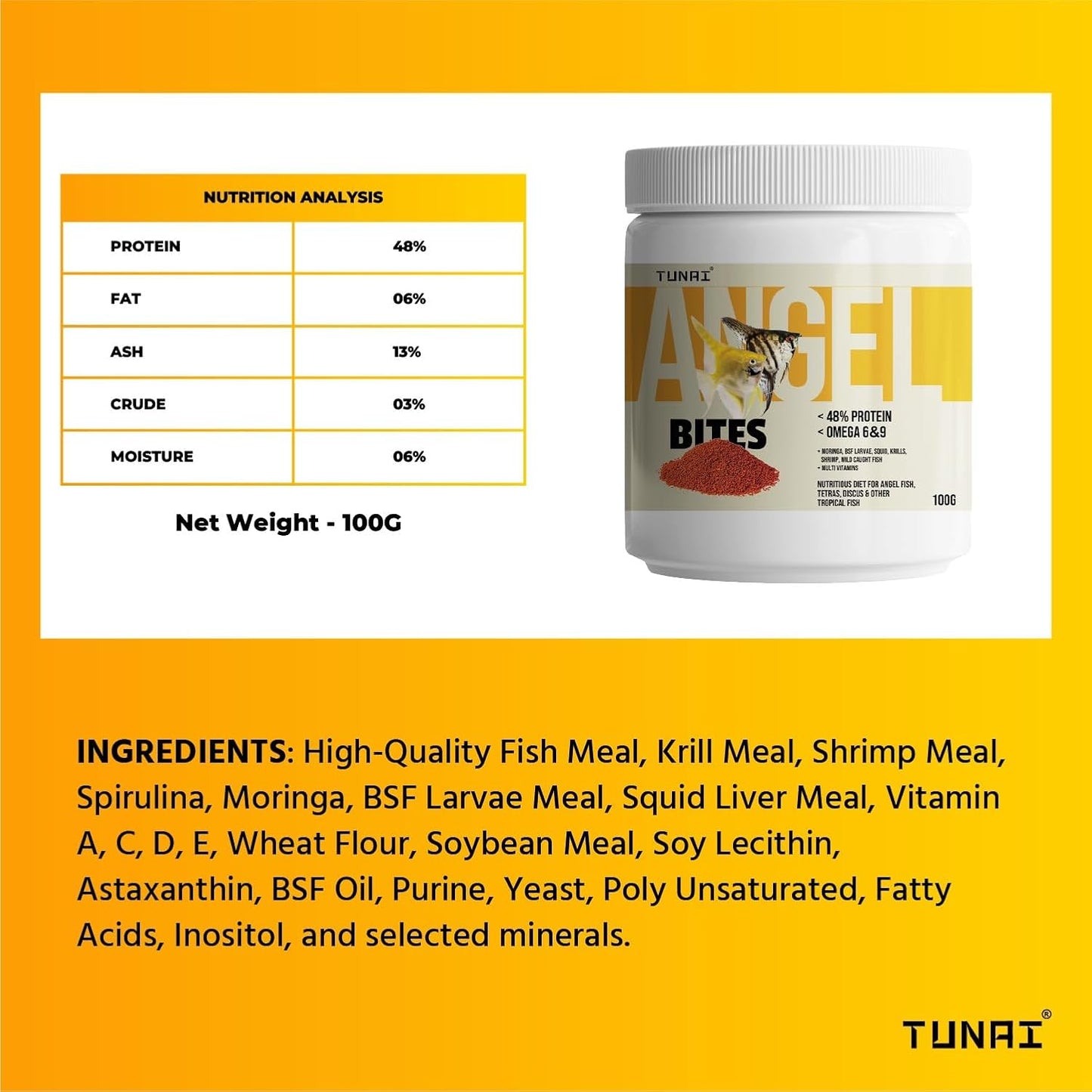 Tunai Angel Tetra Bites Fish Food - 48% Protein Granules (Ideal for Angelfish, Tetras & Discus)