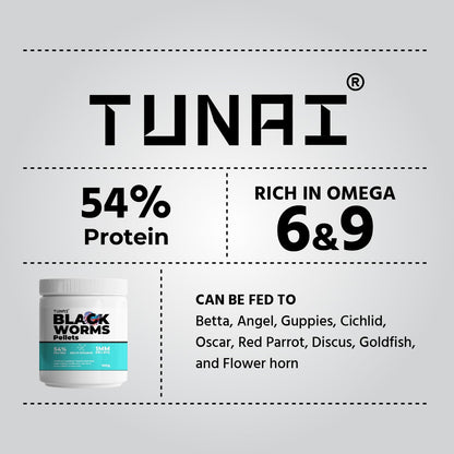 Tunai Australian Black Worms Pellets - 54% Protein -  1mm Pellets (Premium Supplement Treat for Adult Betta, Guppy, Cichlids, Oscar, Red Parrot, Discus, Goldfish & Flowerhorn)