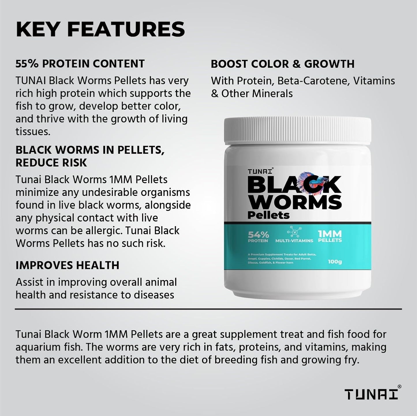 Tunai Australian Black Worms Pellets - 54% Protein -  1mm Pellets (Premium Supplement Treat for Adult Betta, Guppy, Cichlids, Oscar, Red Parrot, Discus, Goldfish & Flowerhorn)