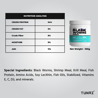 Tunai Australian Black Worms Pellets - 54% Protein -  1mm Pellets (Premium Supplement Treat for Adult Betta, Guppy, Cichlids, Oscar, Red Parrot, Discus, Goldfish & Flowerhorn)
