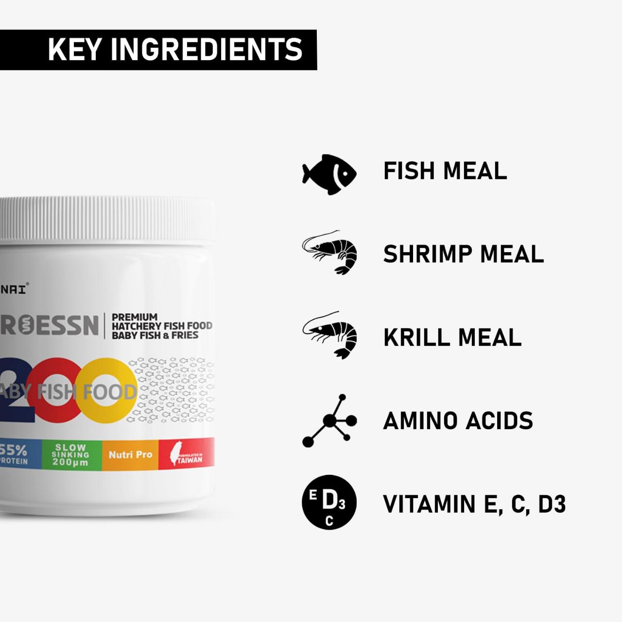 Tunai Baby Frys Fish Food - 55% Protein - 200 Microns Granules (Premium Hatchery Fish Food for Baby Fish & Fries)