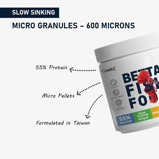 Tunai Betta Fish Food - 55% Protein (600 Microns - Micro Pellets, 40G), All Life Stages