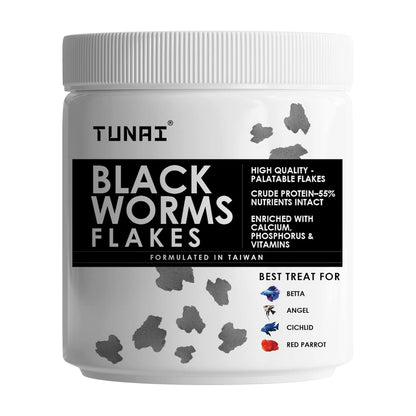 Tunai Black Worm Flakes Fish Food - 55% Protein (Best Treat for Betta, Angels, Cichlids & Red Parrot)