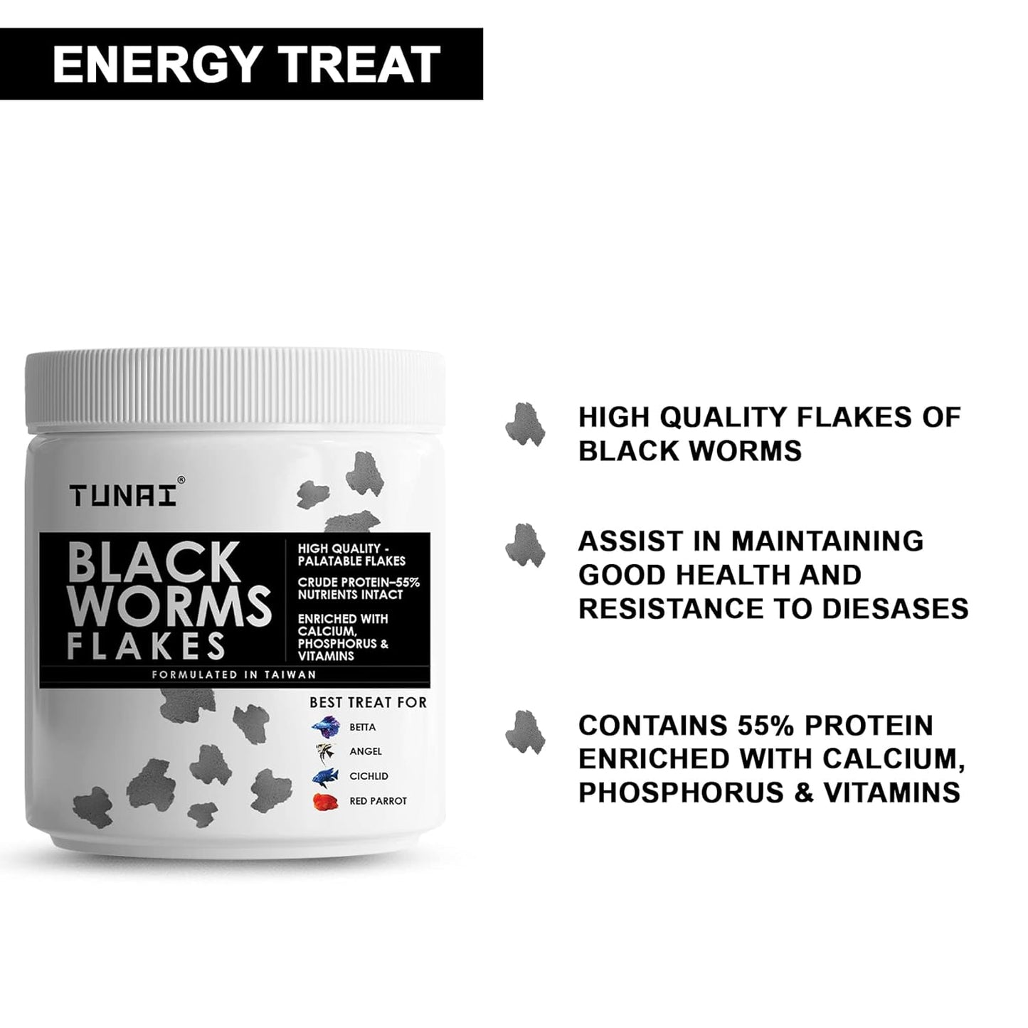 Tunai Black Worm Flakes Fish Food - 55% Protein (Best Treat for Betta, Angels, Cichlids & Red Parrot)