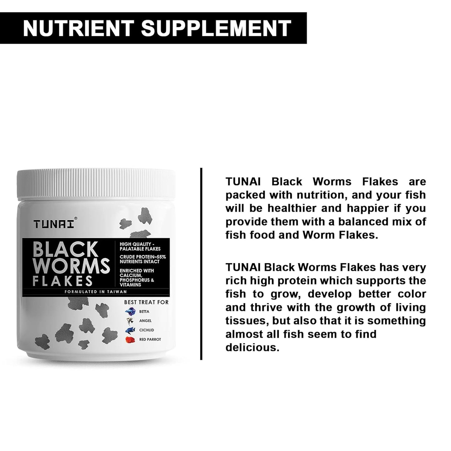 Tunai Black Worm Flakes Fish Food - 55% Protein (Best Treat for Betta, Angels, Cichlids & Red Parrot)