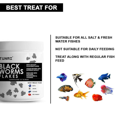 Tunai Black Worm Flakes Fish Food - 55% Protein (Best Treat for Betta, Angels, Cichlids & Red Parrot)