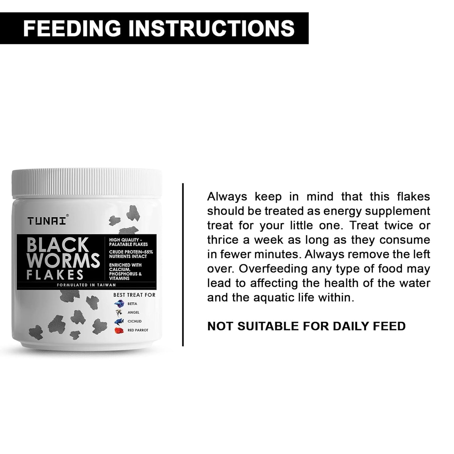 Tunai Black Worm Flakes Fish Food - 55% Protein (Best Treat for Betta, Angels, Cichlids & Red Parrot)