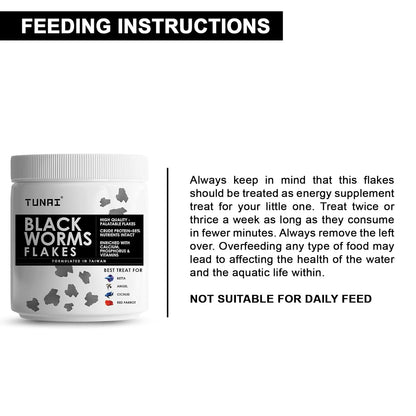 Tunai Black Worm Flakes Fish Food - 55% Protein (Best Treat for Betta, Angels, Cichlids & Red Parrot)