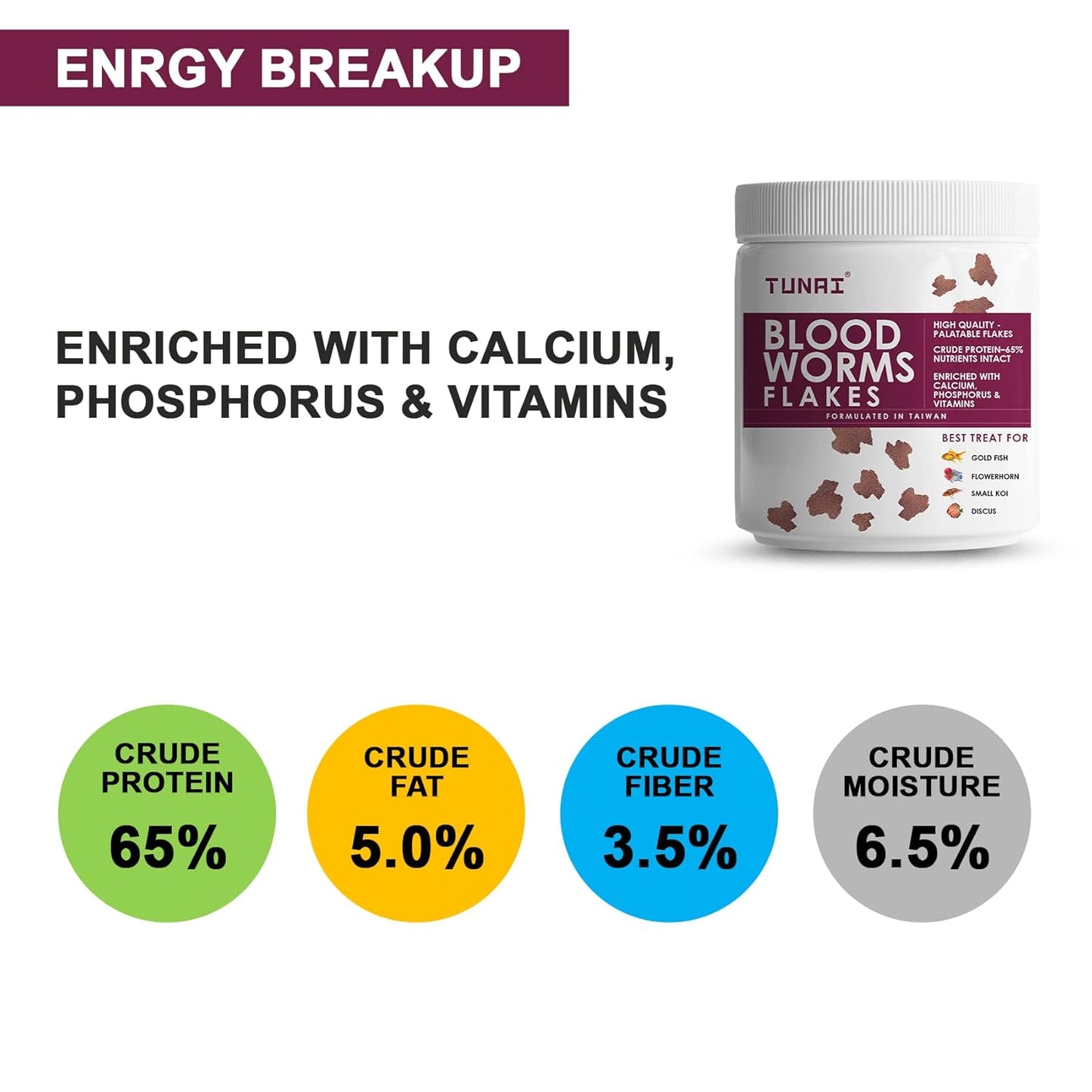 Tunai Blood Worm Flakes Fish Food - 55% Protein (Supplement Treat for Gold Fish, Flowerhorn, Small Koi, & Discus)