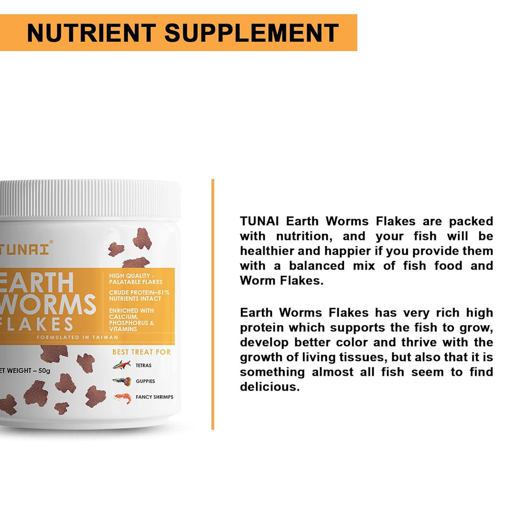 Tunai Earth Worm Flakes Fish Food - 51% Protein (Best Treats for Tetras, Guppies and Fancy Shrimps)
