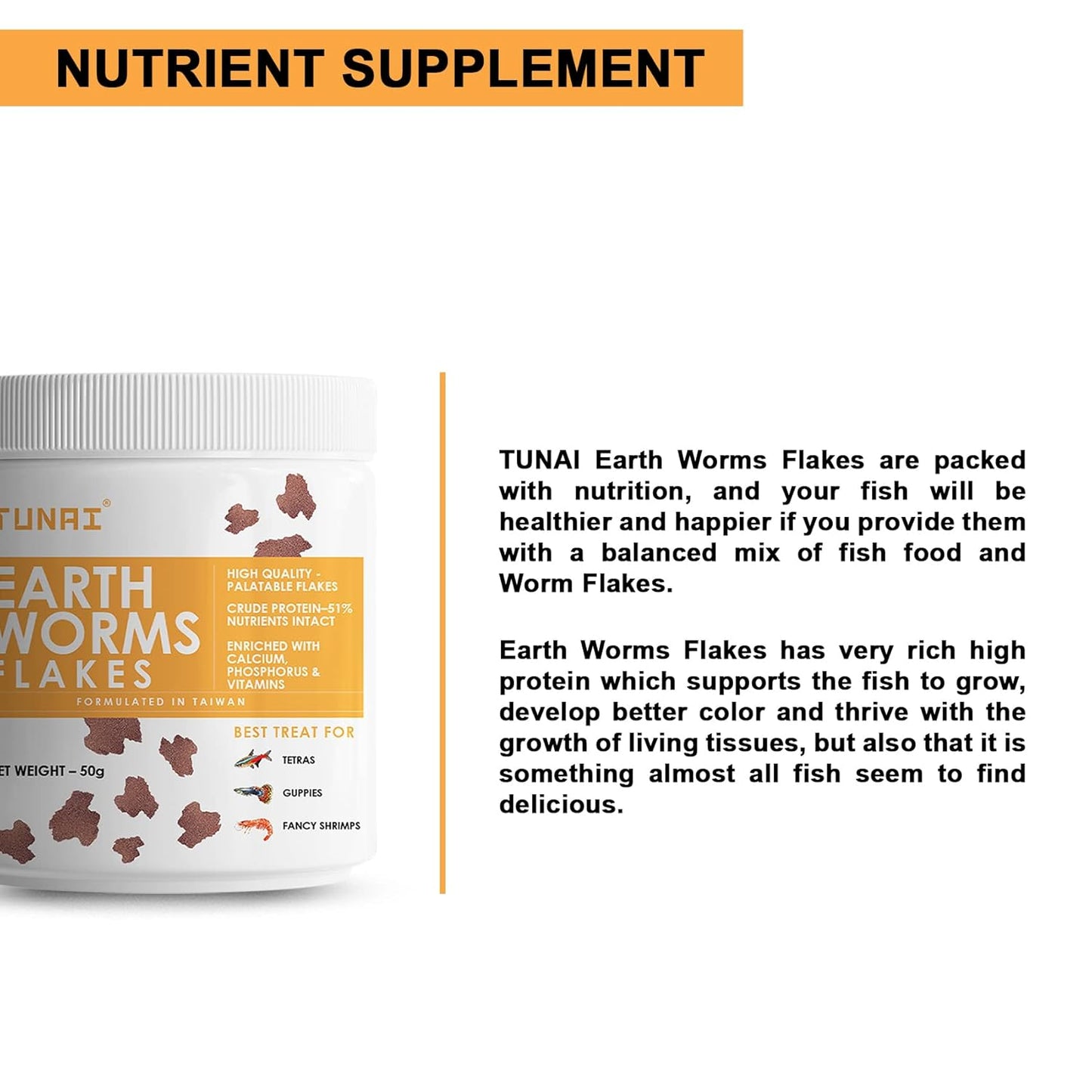 Tunai Earth Worm Flakes Fish Food - 51% Protein (Best Treats for Tetras, Guppies and Fancy Shrimps)