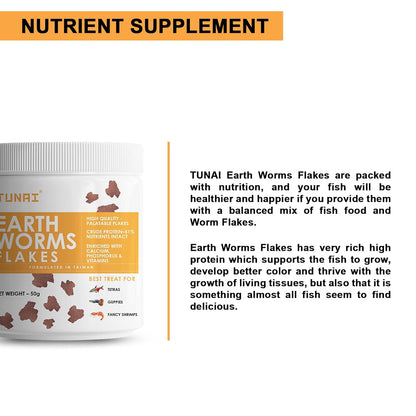 Tunai Earth Worm Flakes Fish Food - 51% Protein (Best Treats for Tetras, Guppies and Fancy Shrimps)