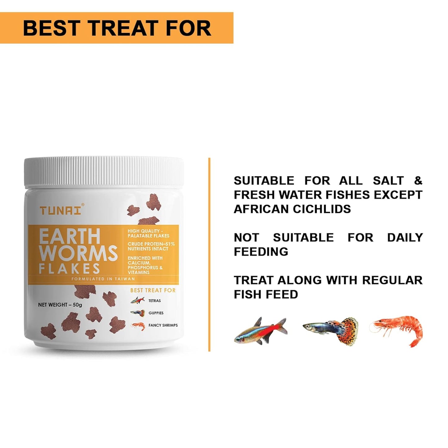Tunai Earth Worm Flakes Fish Food - 51% Protein (Best Treats for Tetras, Guppies and Fancy Shrimps)