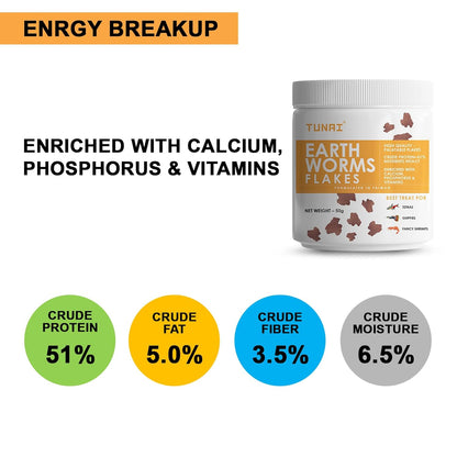 Tunai Earth Worm Flakes Fish Food - 51% Protein (Best Treats for Tetras, Guppies and Fancy Shrimps)